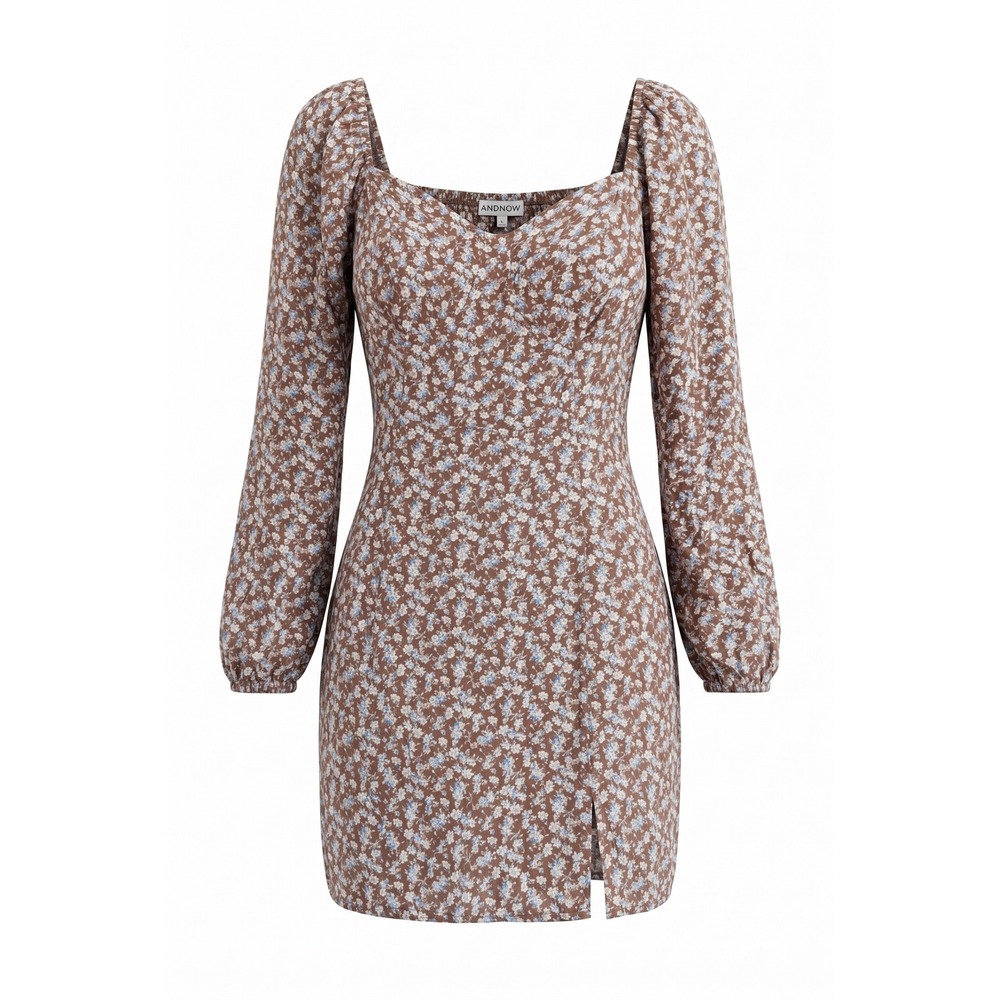 And Now This Brown Floral Long Sleeve Mini Dress Sweetheart Neck Small‎